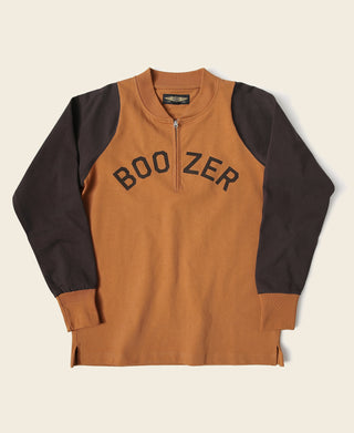 Orange quarter-zip long-sleeve T-shirt with dark contrast sleeves and “BOO ZER” print