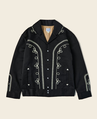 Black musician jacket with embroidered floral rails and front button placket