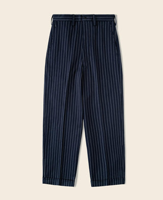Navy pinstripe work pants with pleated front and straight, tapered leg