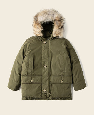Olive down parka with faux fur trimmed hood and front button placket