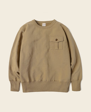 Khaki crewneck sweatshirt with single chest pocket and button flap