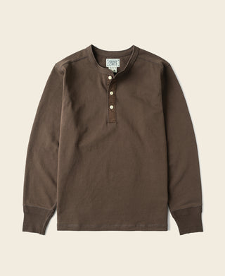 Coffee-brown long-sleeve henley shirt with buttoned placket and contrast cuffs