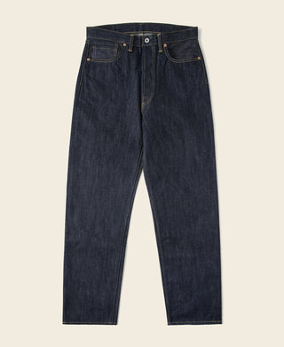 Indigo denim jeans with button fly, front pockets, and belt loops