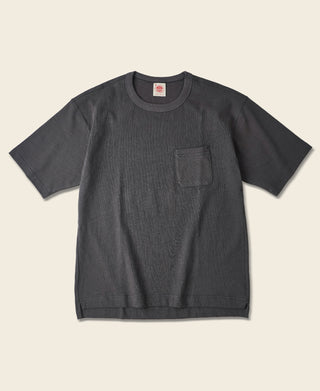 Dark gray cotton pocket T-shirt, crew neck with small chest pocket, laid flat