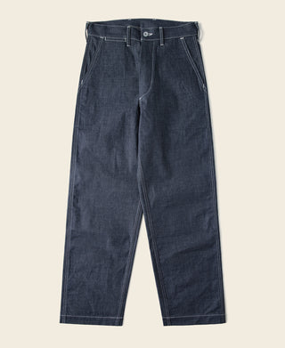 Indigo fatigue dungaree pants with fly front, belt loops, and straight leg