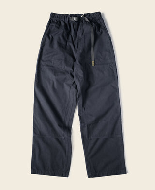 Navy cotton canvas climbing pants with elastic waistband and side cargo pockets