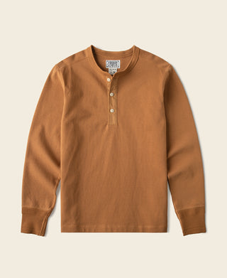 Vintage long-sleeve henley shirt in dark orange, three-button front with ribbed collar