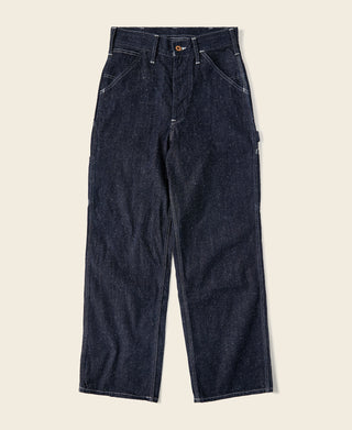 Indigo denim carpenter pants with straight legs, belt loops, and front button closure