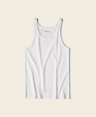 White cotton tank top with crew neckline and wide shoulder straps