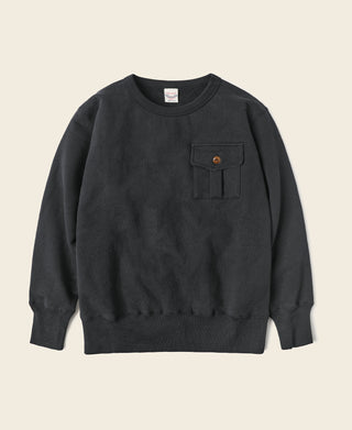 Black crewneck sweatshirt with front chest pocket and brown button detail.