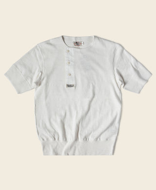 White short-sleeve henley T-shirt, front view with button placket