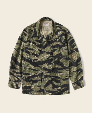 Camo fatigue jacket with button front and chest patch pockets, tiger stripe pattern.