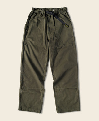 Olive cotton canvas climbing pants with elastic waistband and drawcord