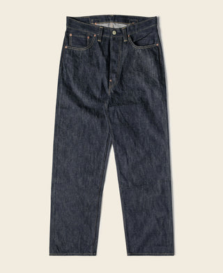 Indigo selvedge denim jeans with straight legs and dark wash