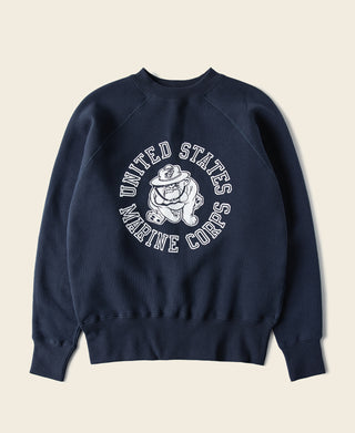 Navy raglan crewneck sweatshirt with large Marine Corps chest logo