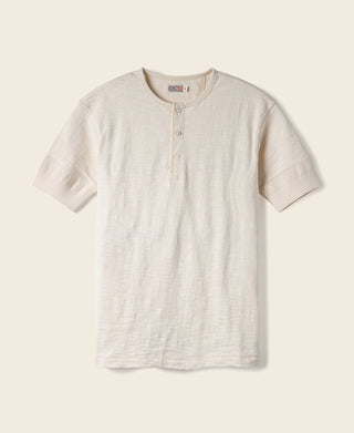 Loopwheel tubular henley t-shirt, short-sleeve with button placket in apricot-beige