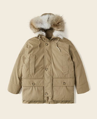 Khaki polar down parka with faux fur-trimmed hood and front snap placket