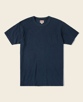 Indigo slub cotton pocket T-shirt with crew neck and short sleeves