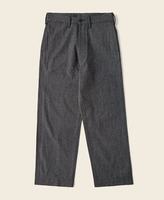 Salt-and-pepper covert trousers with front button and belt loops