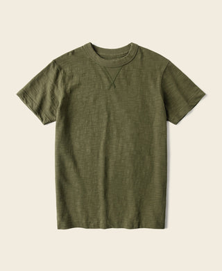 Green cotton tubular gusset t-shirt, crew neck, short sleeves, front view