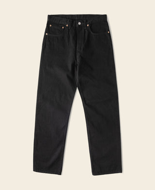 Black selvedge denim jeans with straight leg, button fly and belt loops