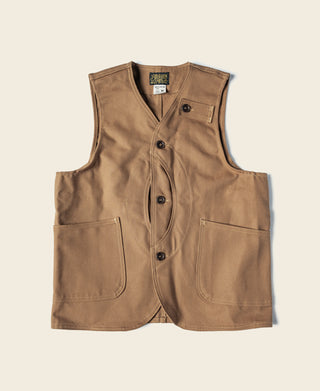 Khaki canvas hunting vest with V-neck, button front, and chest pocket