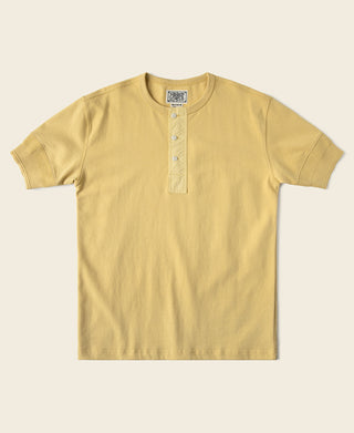 Yellow vintage short-sleeve henley T-shirt with three-button placket and crew neck