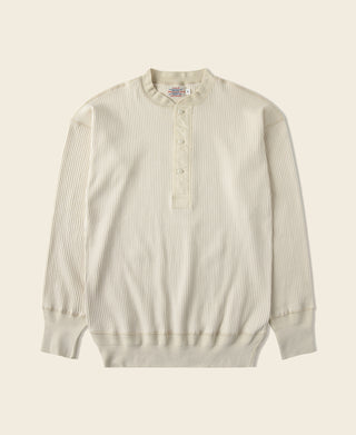 Ribbed long-sleeve henley T-shirt in light apricot, button-front placket