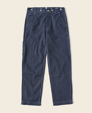 Indigo pinstripe work pants with button waistband and straight-leg fit