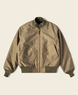 Khaki deck jacket with full-zip front and ribbed knit collar and cuffs