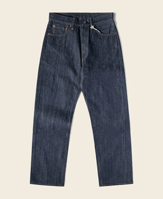 Dark blue selvedge denim jeans with a classic five-pocket design and belt loops