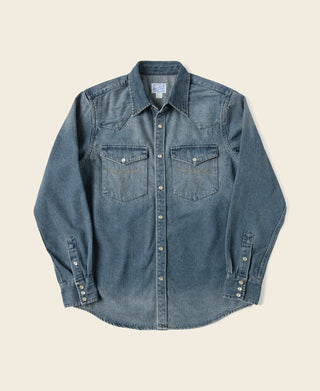 Blue slub denim western shirt with snap front and two chest pockets, front view