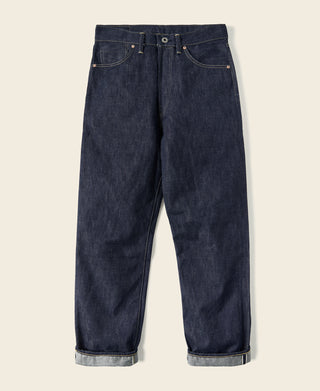 Dark indigo selvedge denim jeans, straight fit, button fly, contrast yellow stitching