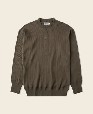 Olive-brown ribbed long-sleeve henley shirt with button placket and curved pocket seam