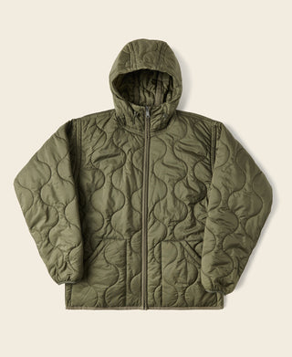 Olive quilted hooded jacket with full-length front zipper and padded ripstop texture