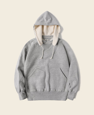 Gray terry hooded sweatshirt, front view, cream-lined hood and drawstring