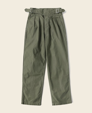 Olive bermuda pants with flat front, belt loops, and buttoned waist