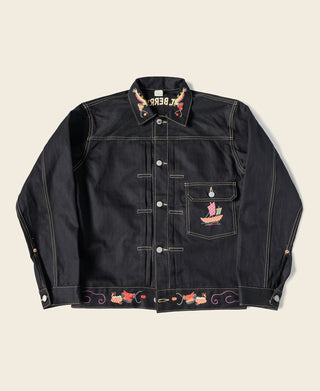 Black tour jacket with dragon embroidery patch and snap button front