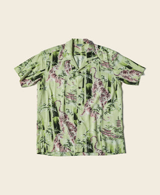 Light green aloha shirt front, tiger and bamboo pattern, short sleeves, button front