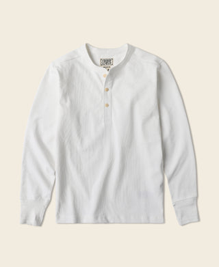 White long-sleeve henley shirt with 3-button placket and small stand collar