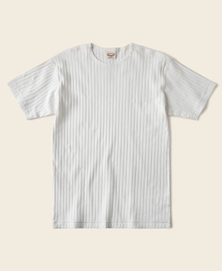 White ribbed cotton-blend T-shirt with crew neck and short sleeves