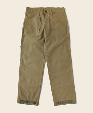 Khaki deck pants flat lay with front pockets, belt loops, and button closure