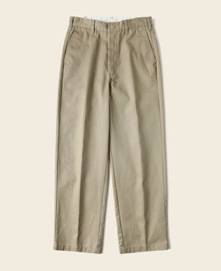Khaki straight-leg work pants with pleats and belt loops