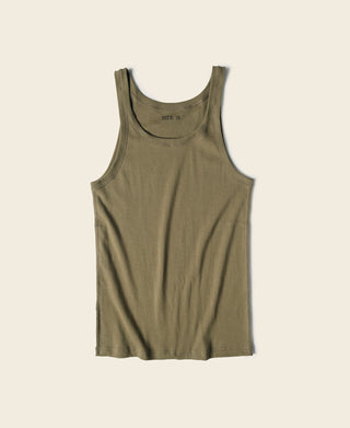 Olive cotton tank top with wide crew neckline and sleeveless design