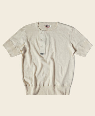 Light beige short-sleeve henley T-shirt with button placket