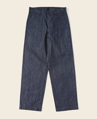 Indigo denim dungaree trousers with straight leg and button fly