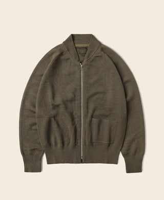 Olive wool zip-up sweater with stand collar and front pockets