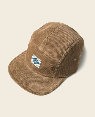 Khaki corduroy 5-panel cap with front square logo patch