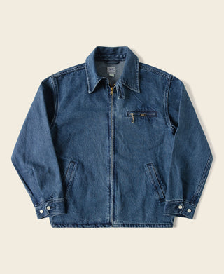 Indigo stonewashed zip-up denim work jacket with point collar, chest pocket, two side pockets
