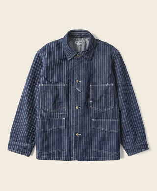 Indigo pinstripe work coat with button front, spread collar, and flap chest pockets